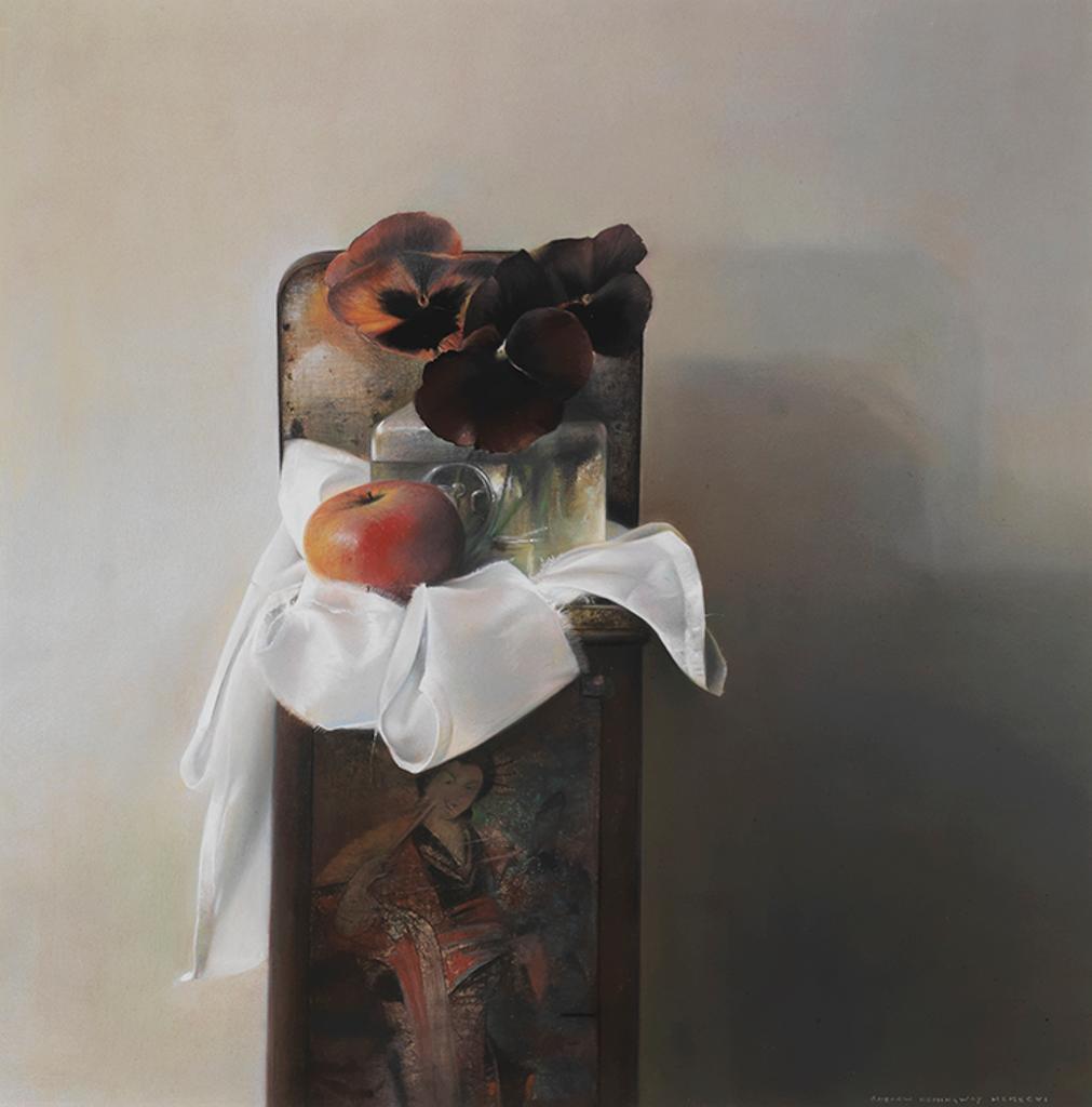 Andrew Hemingway (1955) - Still Life with Winter Pansies, Torn Silk and Mazawatee Tea Tin
