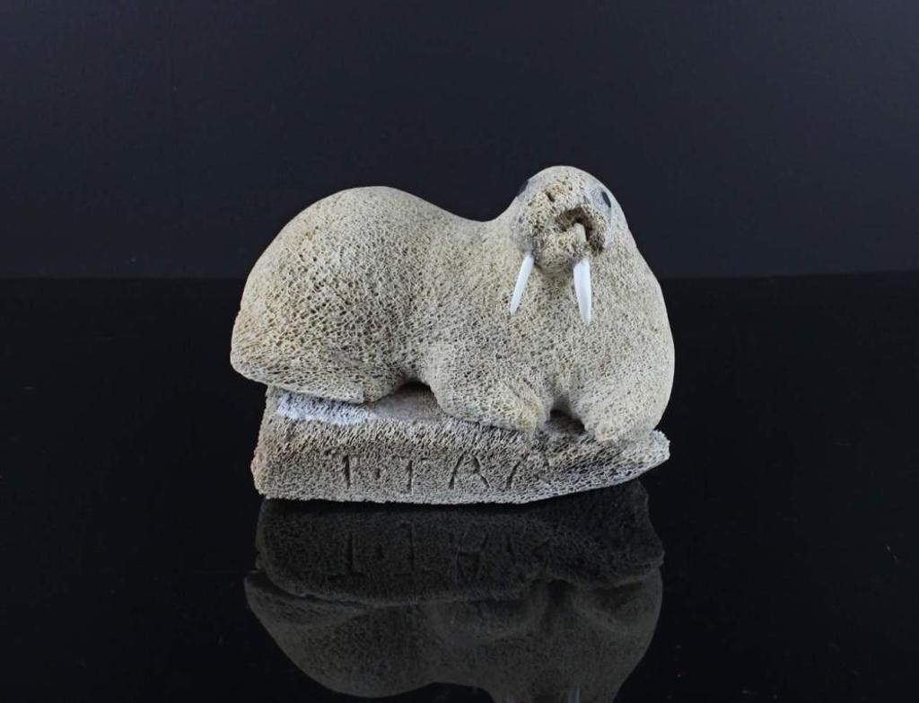T. Taa - a whale bone carving of a walrus with bone tusks