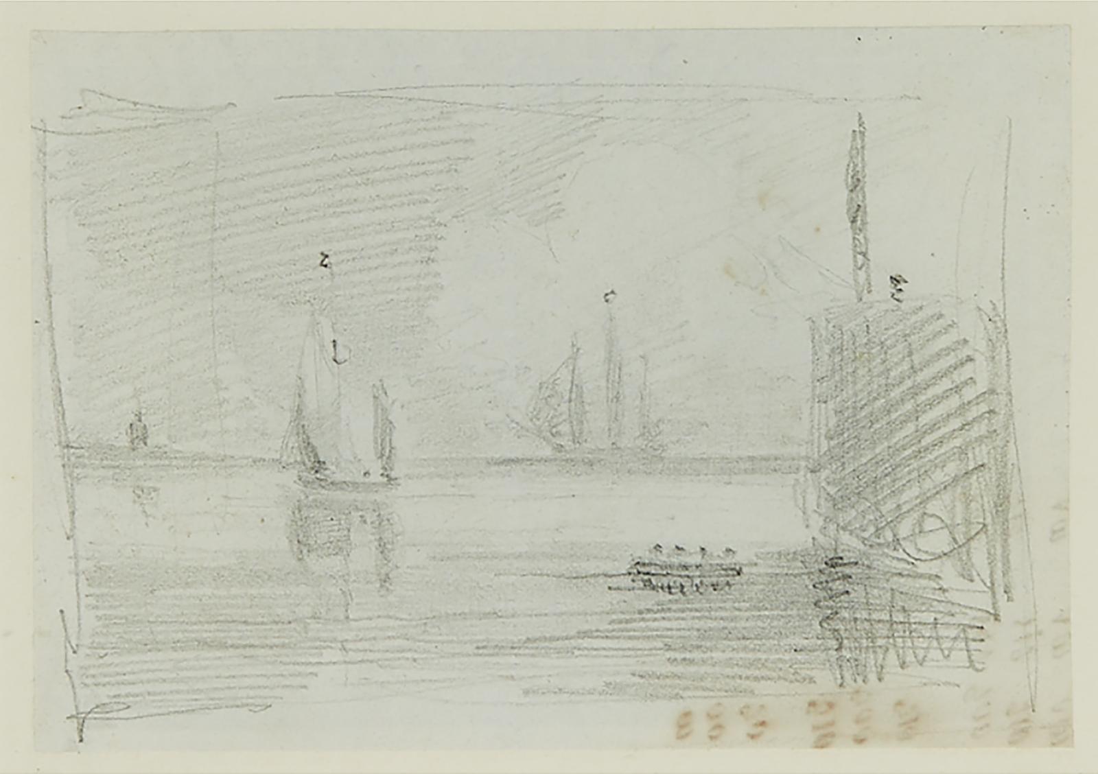 John Constable (1776-1837) - Harbour Scene (Sailing Boat, Rowboat And Frigate By Wharf), Probably 1803