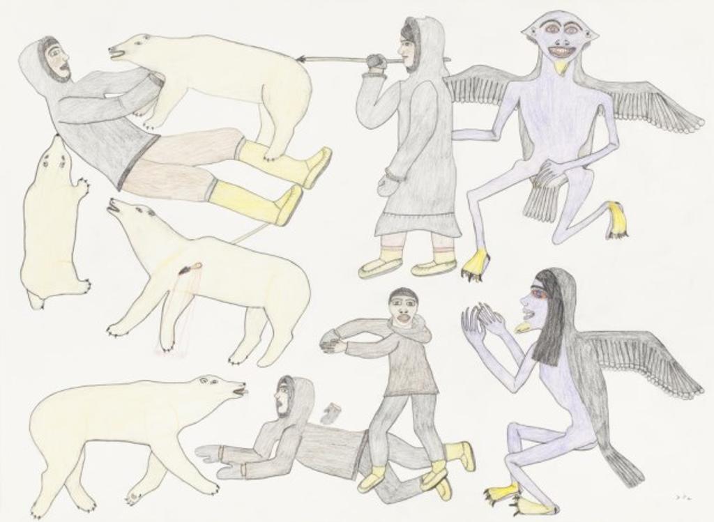 Nancy Pukingrnak Aupaluktuq (1940) - Untitled Drawing (Attacked by Bears and
