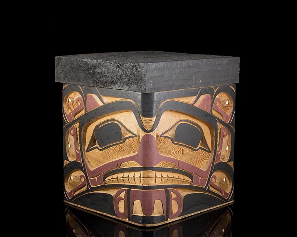 Sanford Williams - a carved and polychromed cedar bentwood box titled Wolfs and Humans