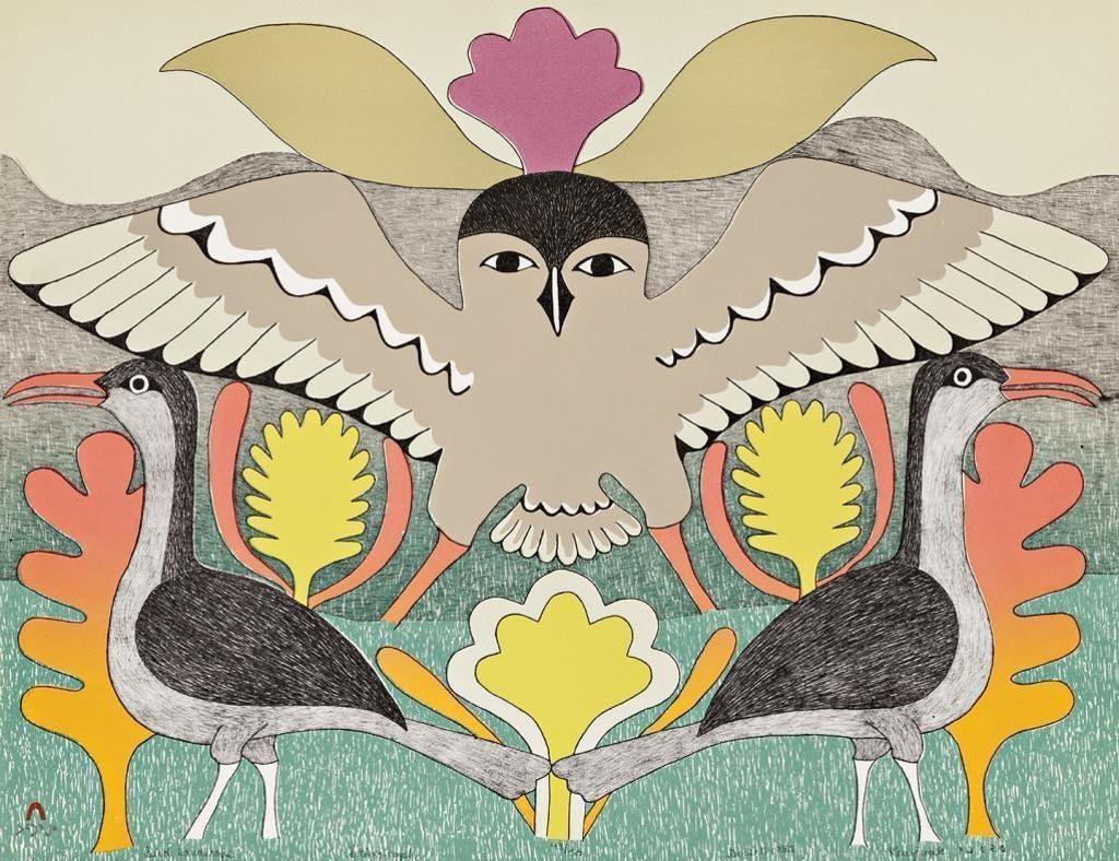 Kenojuak Ashevak (1927-2013) - Pootoogook Qiatsuk (1959-) m., Cape Dorset, Bird Landscape, 1982 #L9