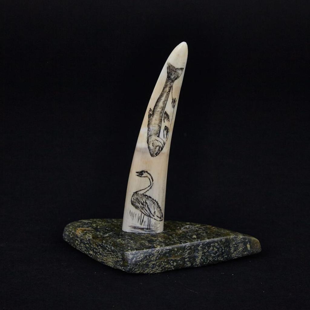 Kiawak (Kiugak) Ashoona (1933-2014) - Tusk Etched With Arctic Animals On Base