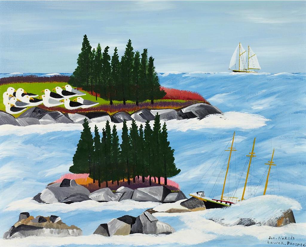Joe Norris (1925-1996) - Gulls And Ship On Rocks