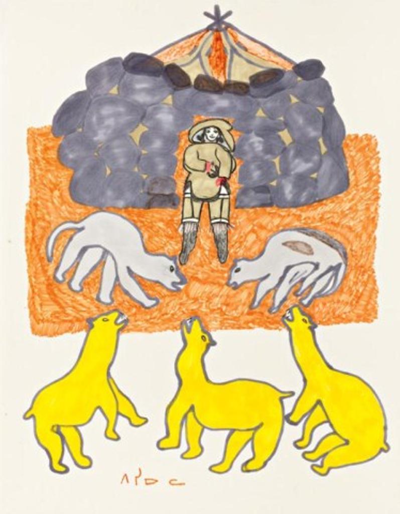 Pitseolak Ashoona (1904-1983) - Qarmaq camp with three bears, ca. early 1970s