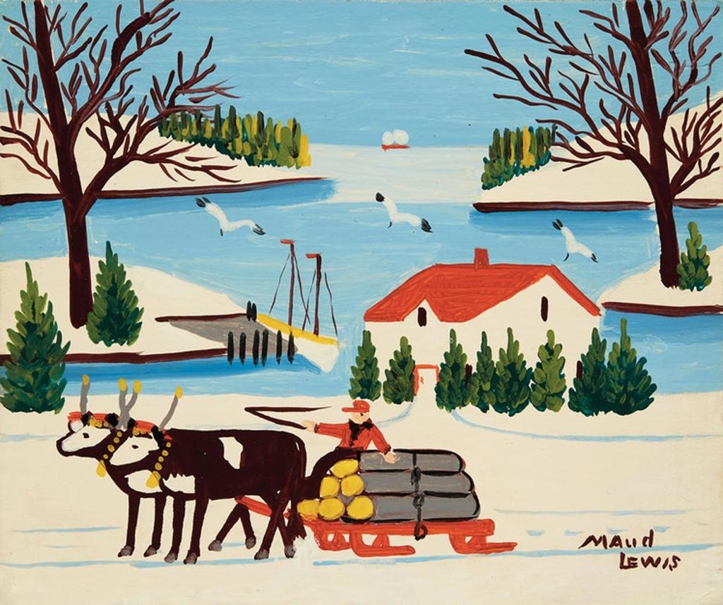 Maud Kathleen Lewis (1903-1970) - Pair of Oxen with Sled of Logs