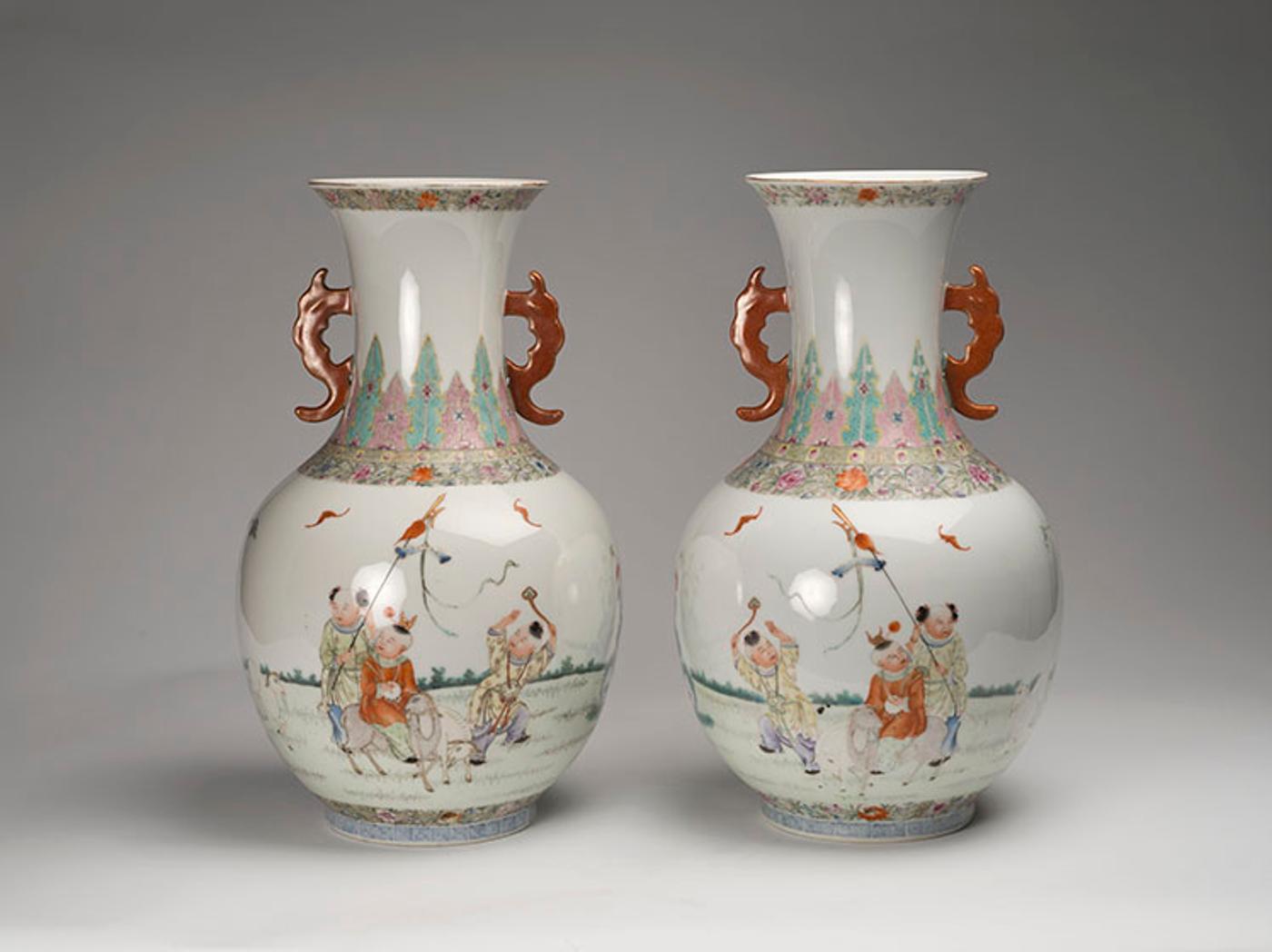 Chinese Art - A Pair of Chinese Famille Rose 'Boys' Vases, Republican Period, Circa 1920