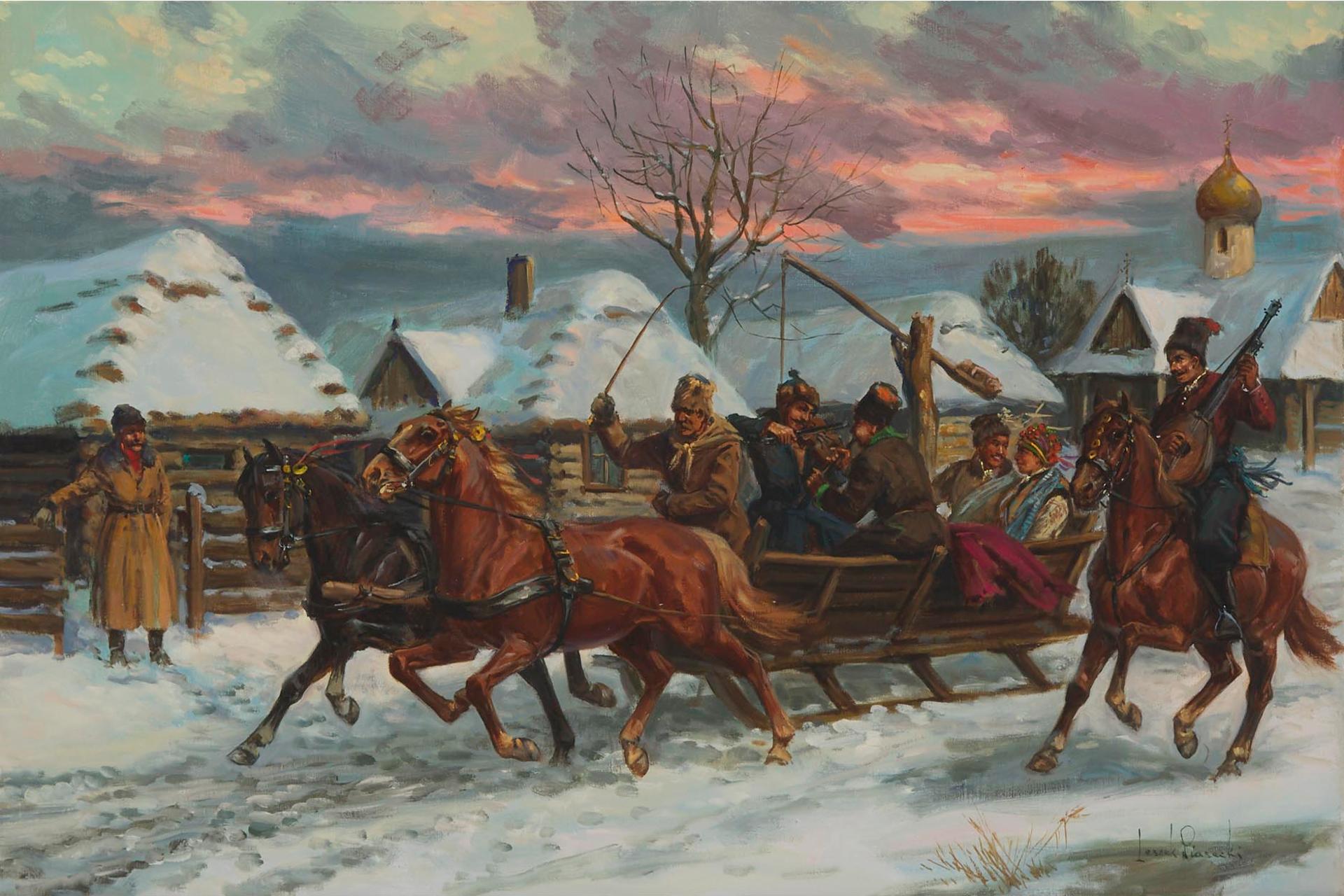 Leszek Piasecki (1928-1990) - Musicians In A Sleigh Racing Through A Snowy Village