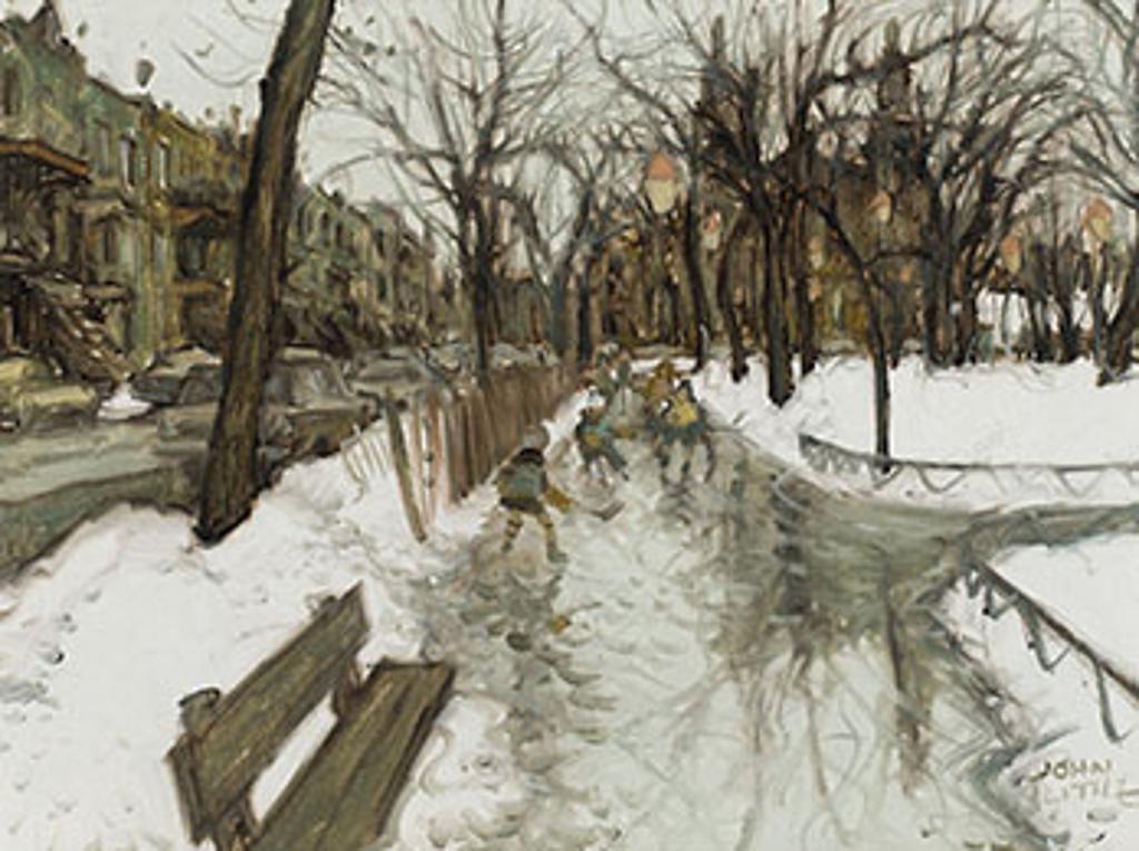 John Geoffrey Caruthers Little (1928-2024) - Une journée humide de janvier avec une patinoire comme une longue flaque d'eau, rue Therrien et Église St. Zotique
