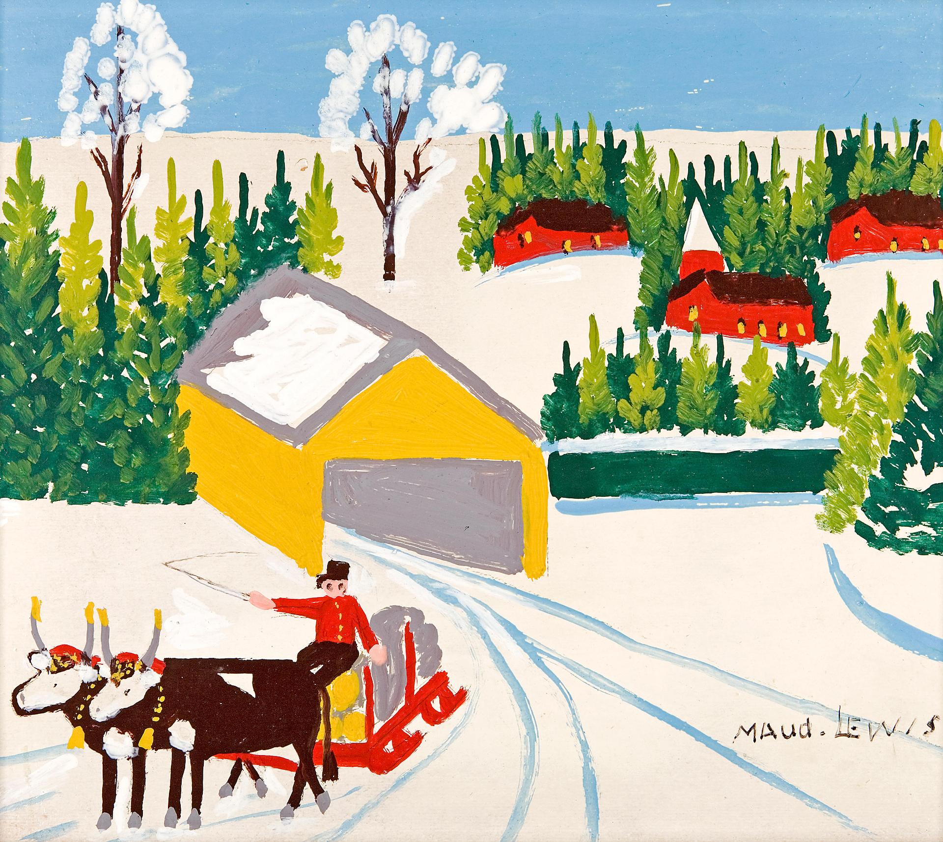 Maud Kathleen Lewis (1903-1970) - Covered bridge in winter, oxen hauling timber