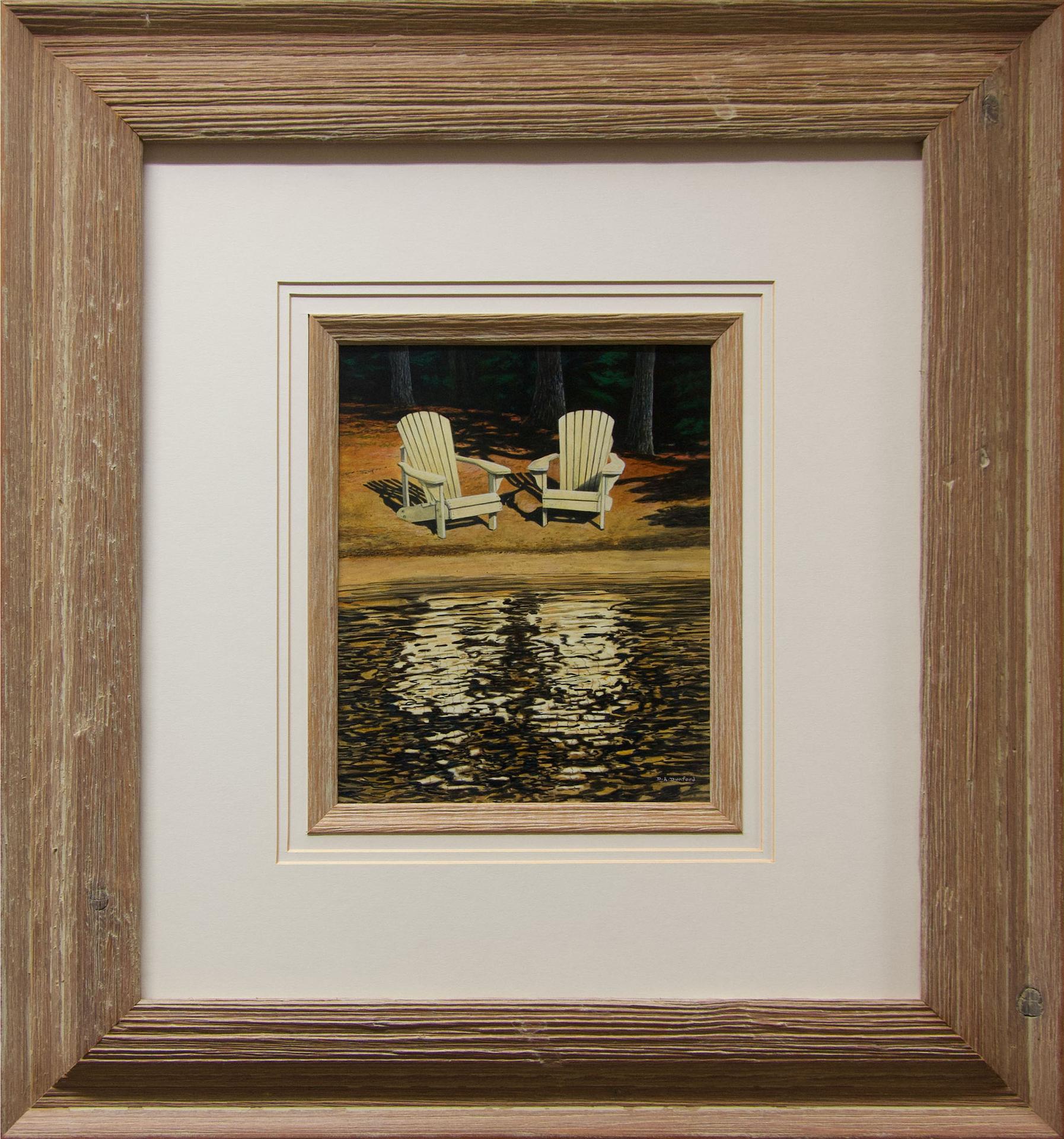 Doug A. Dunford - Untitled (Two White Muskoka Chairs By Water's Edge)