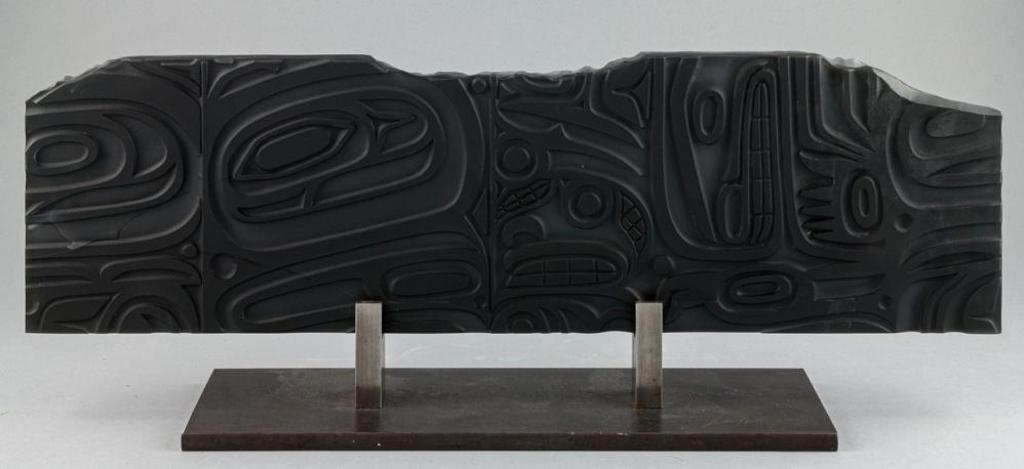 John Nutter - a black sandblasted glass panel after Charles Edenshaw on a metal base