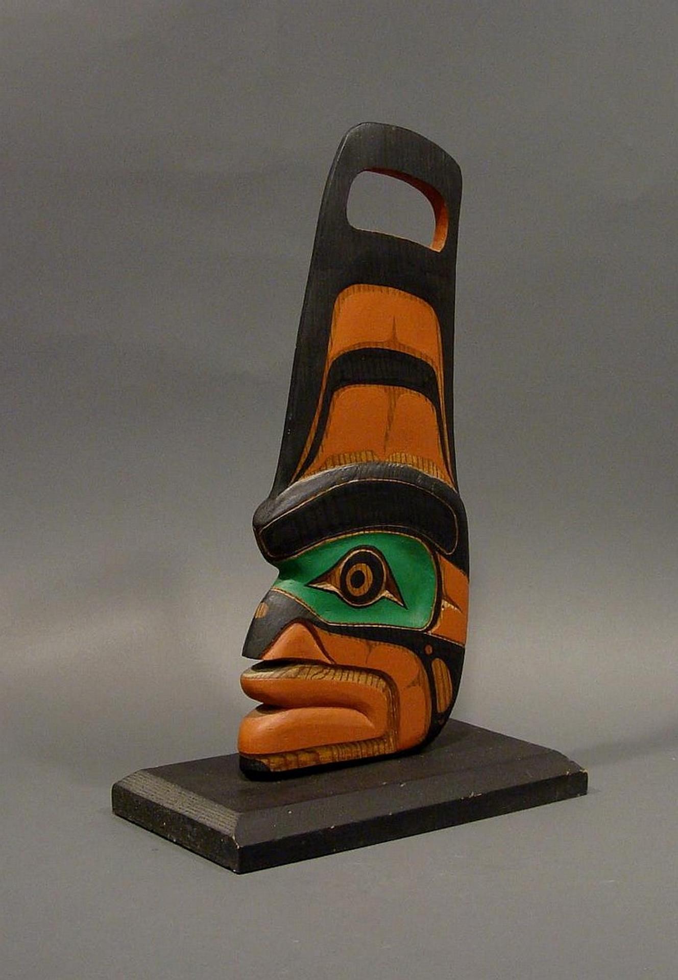 Pat Patterson - a carved and polychromed red cedar panel titled Killer Whale Dorsal Fin