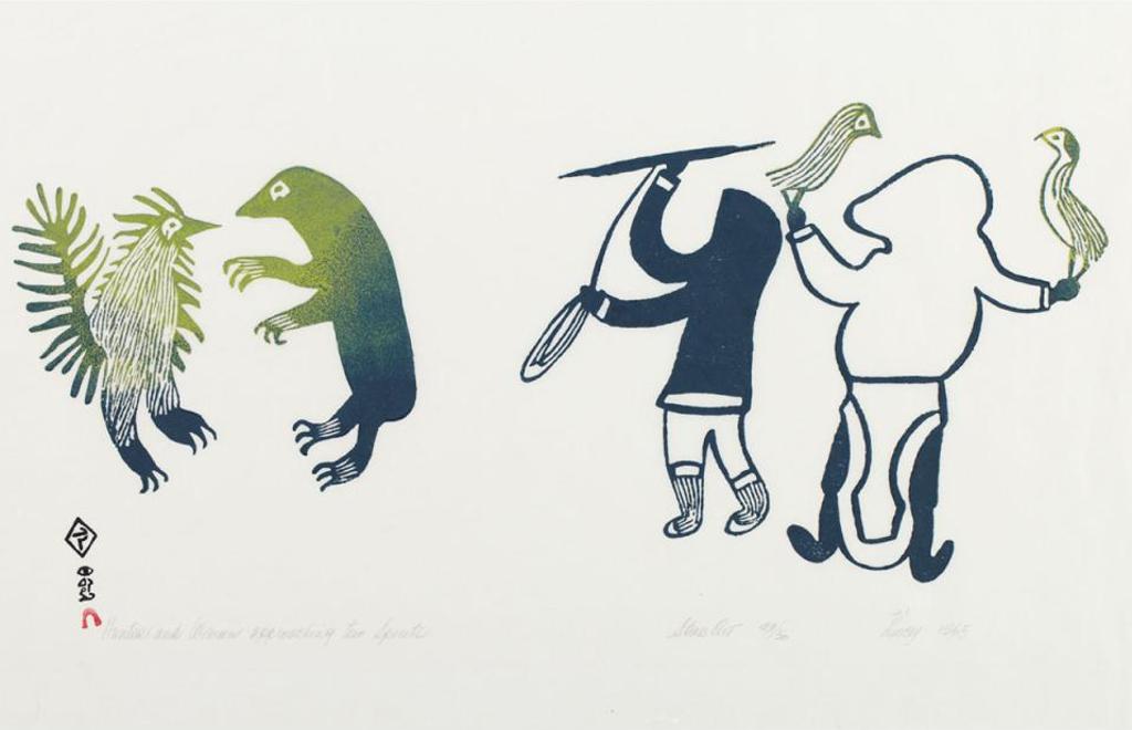 Lucy Qinnuayuak (1915-1982) - Hunter And Woman Approaching Two Spirits