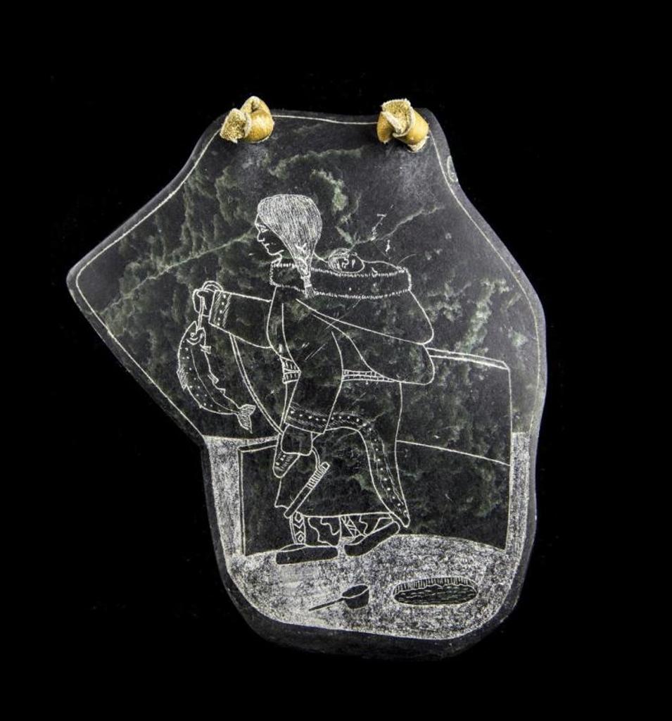 Adam Laku - a greenstone plaque etched with Mother and Child fishing