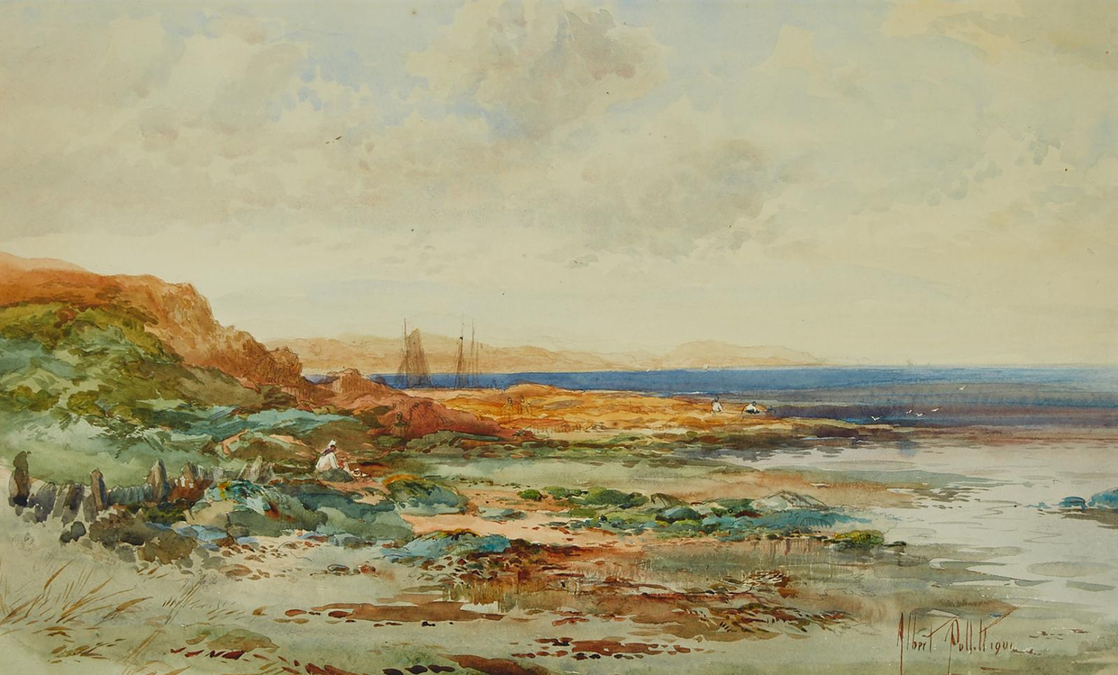 Albert Pollitt (1865-1926) - Coastal With Figure And Fishing Boats At Low Tide, 1901