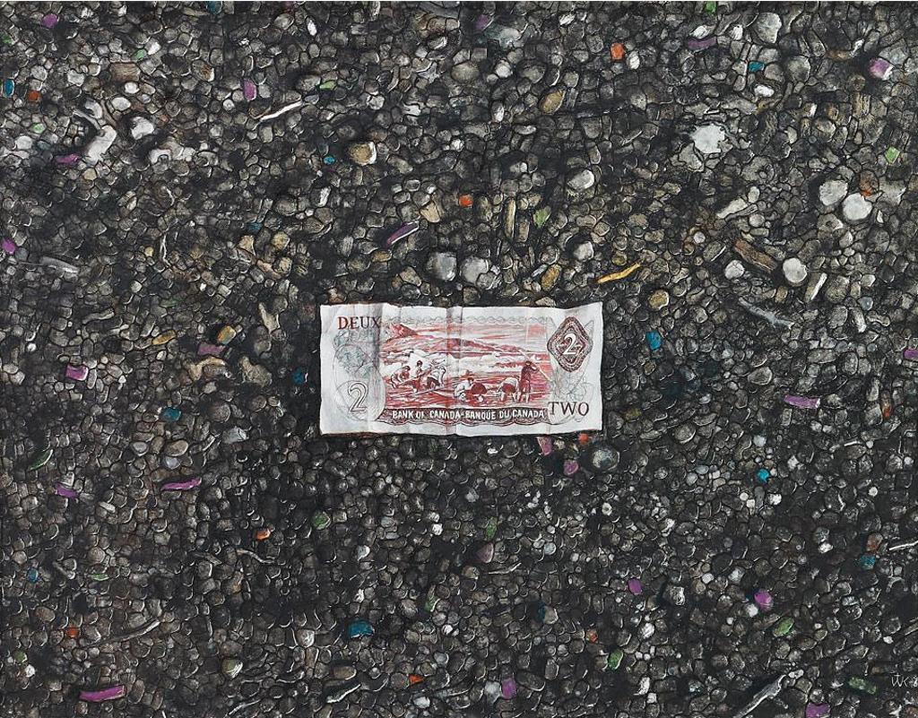 William Kurelek (1927-1977) - Two Dollar Bill On City Beach (Trompe L’Oeil)