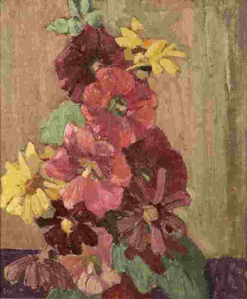 Franklin H. Carmichael (1898-1992) - Still Life #1 (Hollyhocks, Zinnias & Daises)