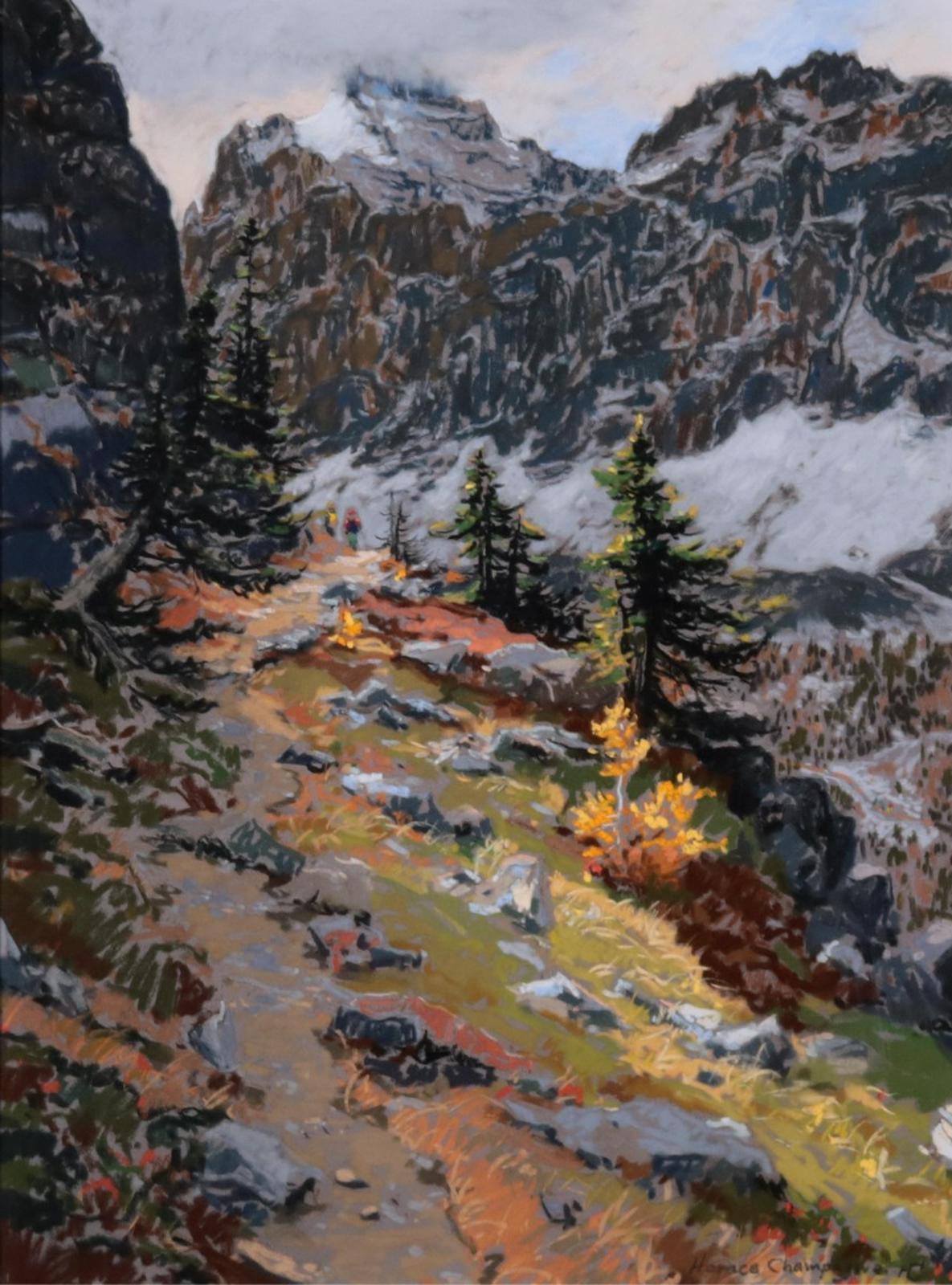 Horace Champagne (1937) - Morning Hikers On Yukness Ledge Trail (Lake Ohara, Yoho Nat. Pk, British Columbia); 1996