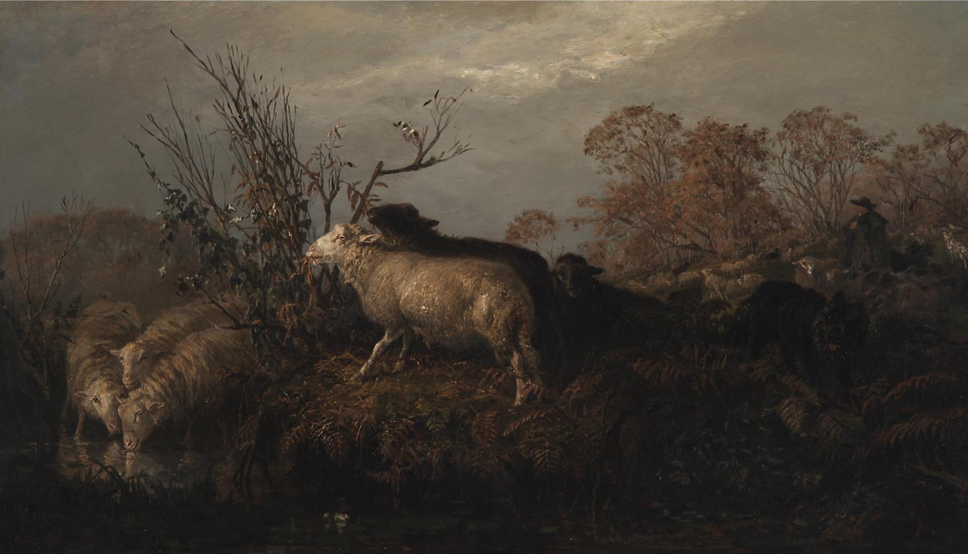 Juliette Peyrol-Bonheur (1830-1891) - Sheep And Herder With His Dog At A Watering Pool, 1856