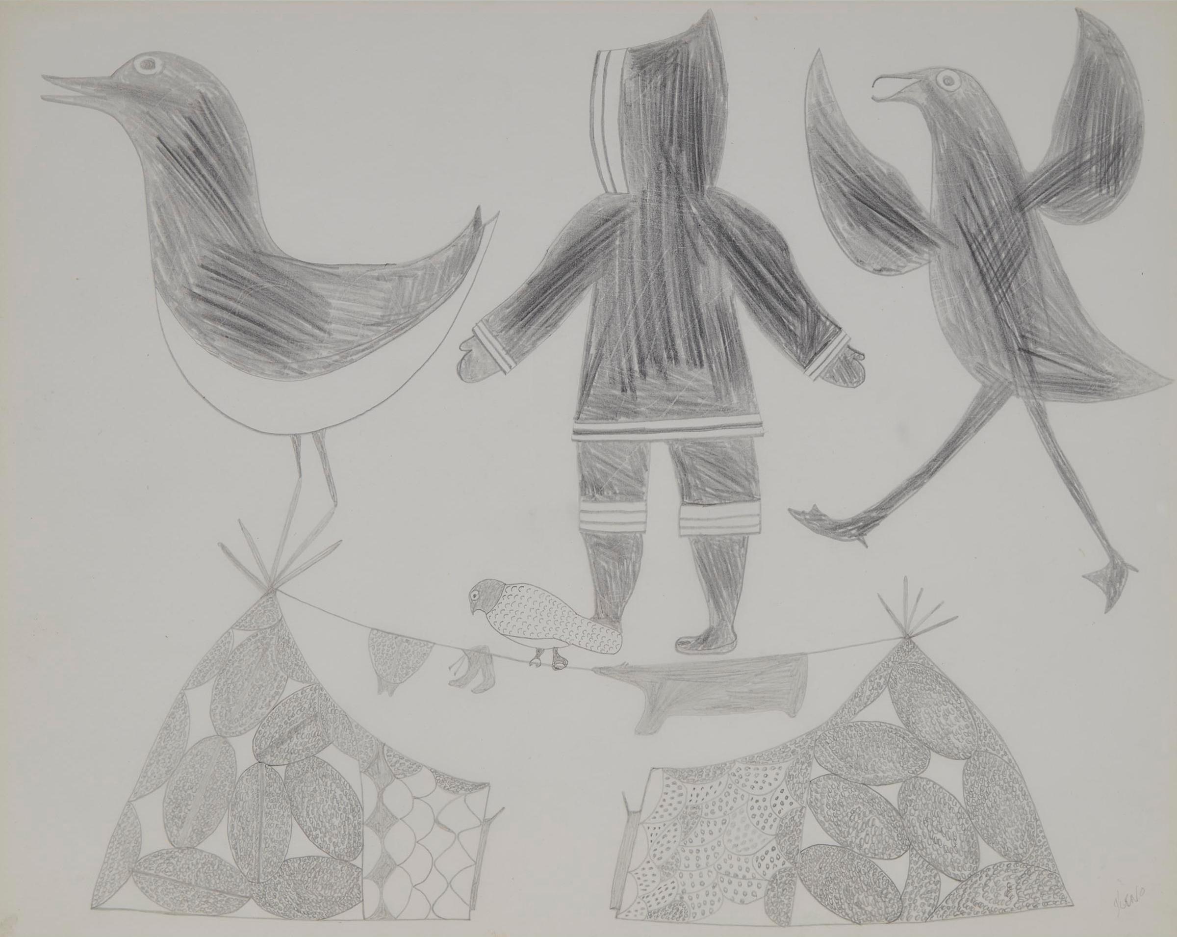 Kenojuak Ashevak (1927-2013) - Untitled (Figure With Birds At Summer Camp), Ca. 1960