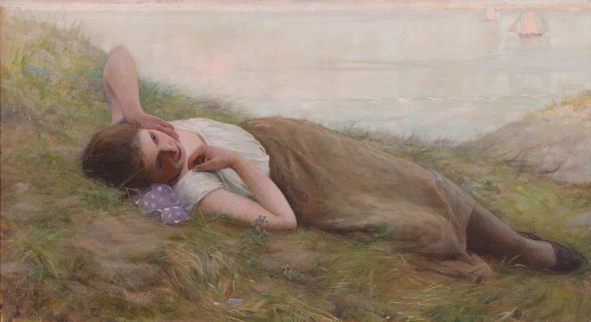 Francis Crawford Frank Penfold (1849-1921) - Young Woman Reclining In A Field, With Boats In The Distance