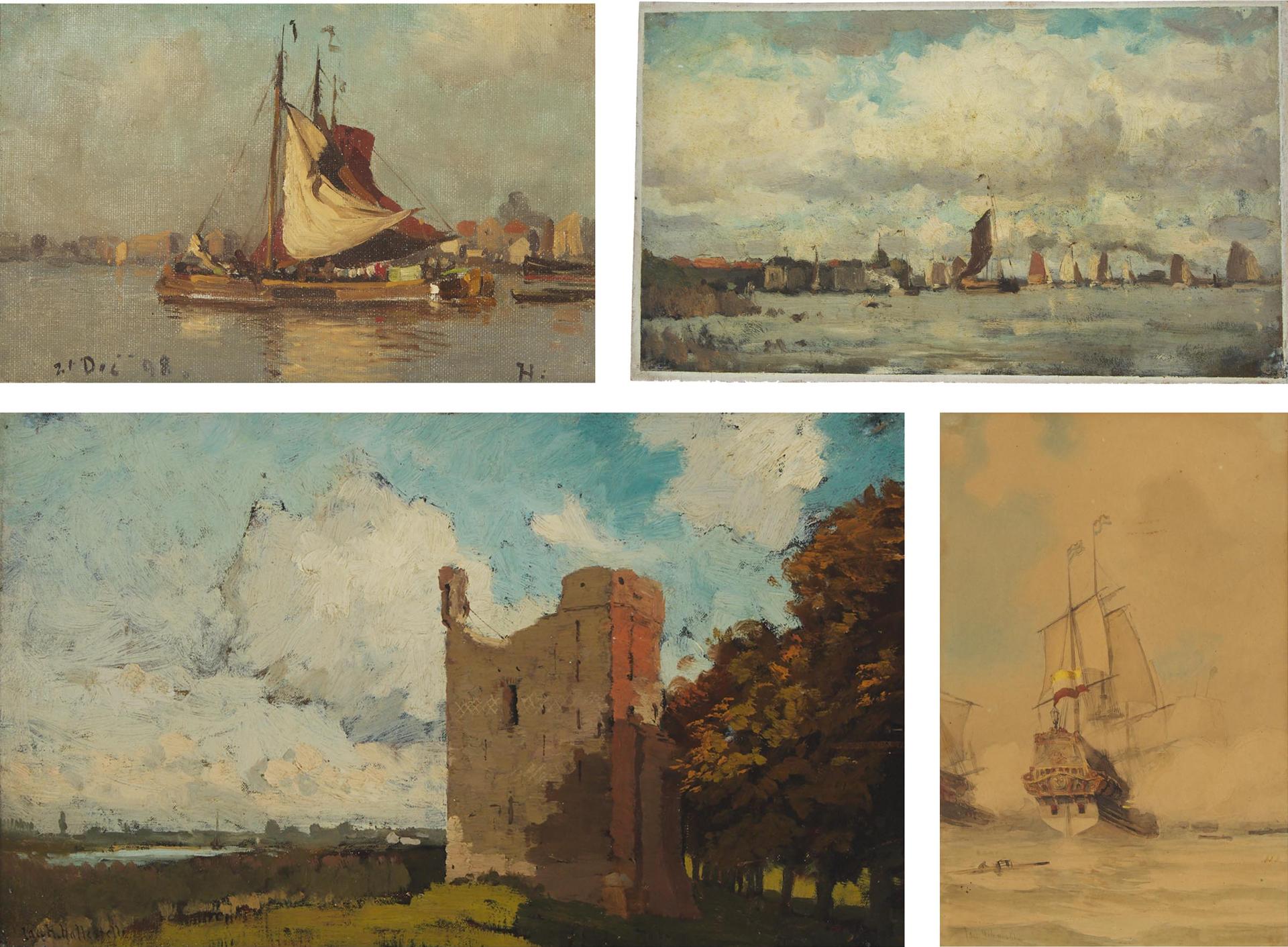 Jacob Huybrecht (Huijbrecht) Hellestelle (1858-1920) - Shipping Scene With City Of Domes (Venice?); Ship At Rest, 1898; Castle Ruin, 1893; Ship In Harbour, 1892