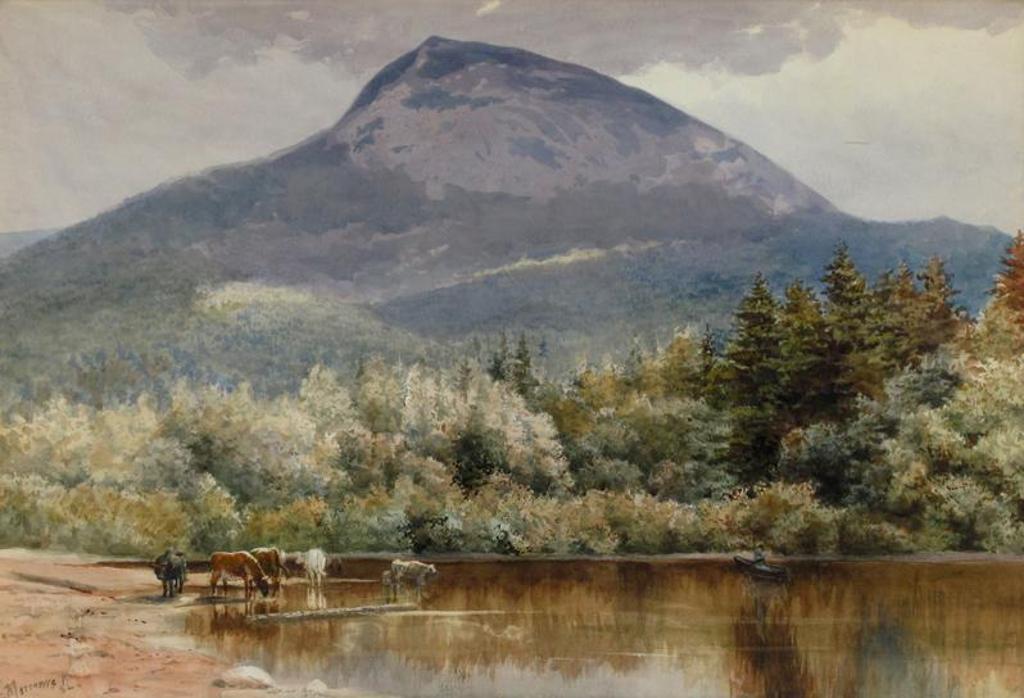 Marmaduke Matthews (1837-1913) - Cattle And Fisherman At A Rocky Mountain Lake; 1882
