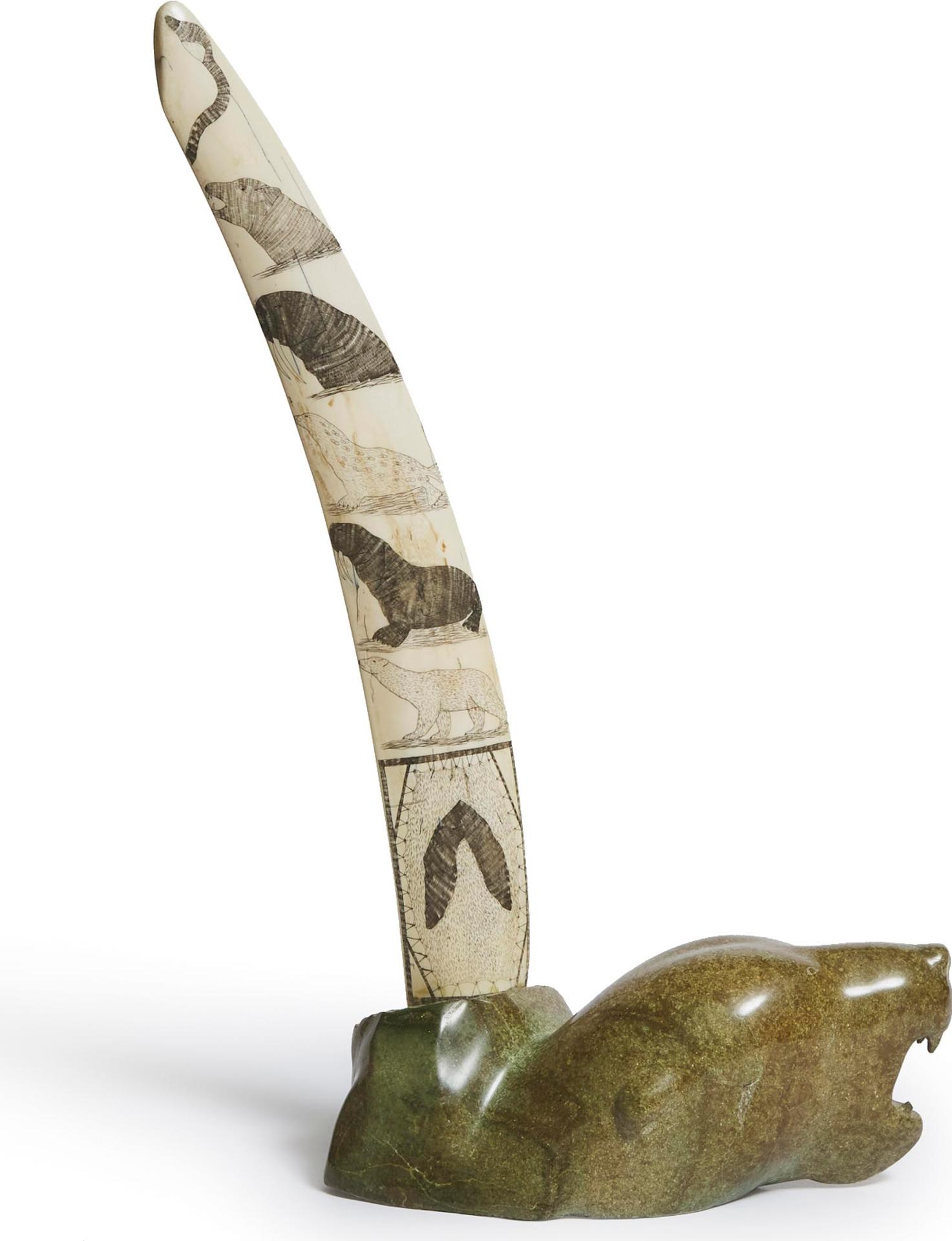 Mosesie Kolola (1930-1985) - Incised Tusk On Bear Head Base, Ca. 1974