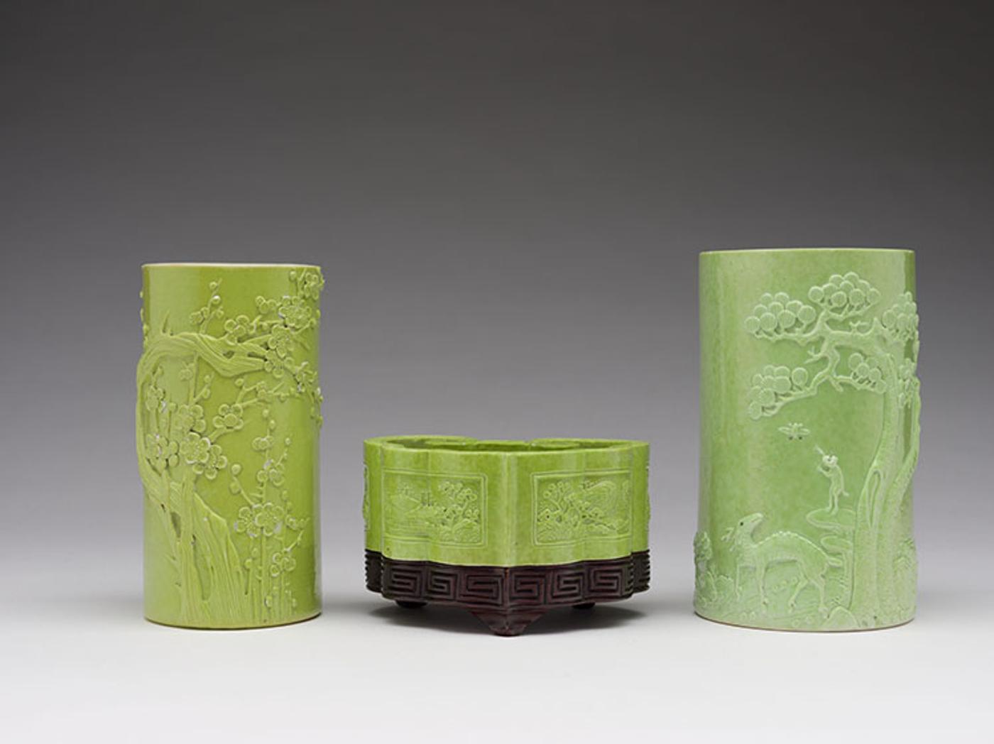Chinese Art - Three Chinese Green-Glazed Scholar’s Vessels, Mark of Wang Bingrong, Late Qing Dynasty