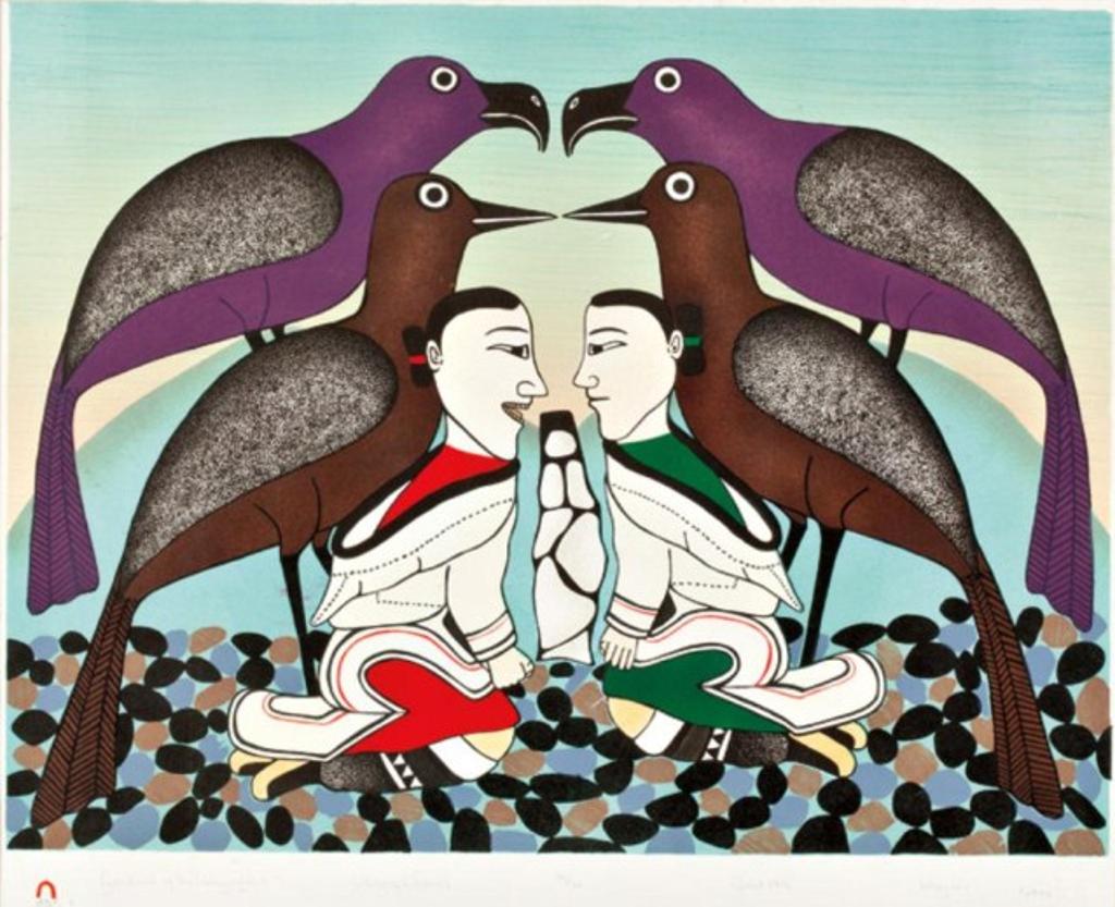 Kenojuak Ashevak (1927-2013) - Guardians of the Katajjaqatiit (Throat Singers), 1992 #23, lithograph and stencil, 49/50, 21.75 x 27 in, 55.3 x 68.5 cm sight, 29.25 x 34.25 in, 74.3 x 87 cm framed