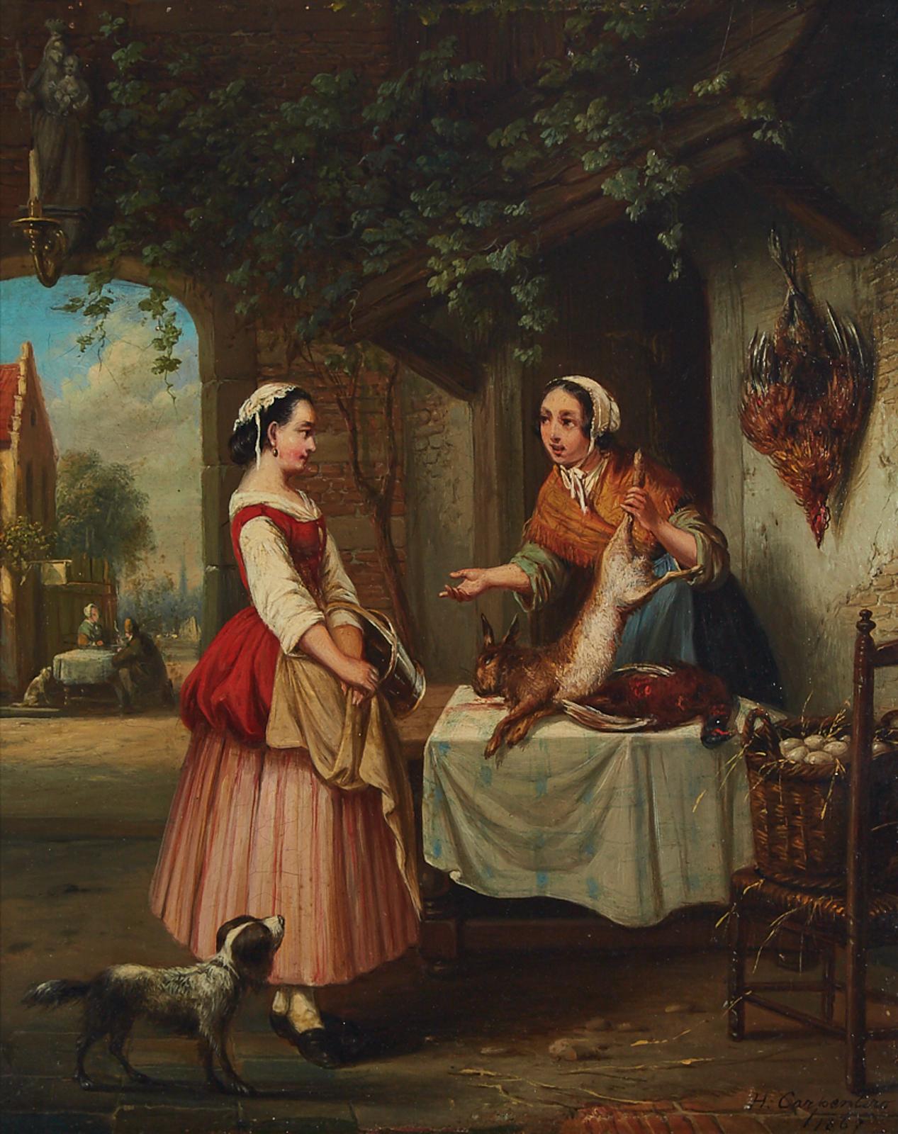Henri Joseph Gommarus Carpentero (1820-1874) - Village Market Vendor Selling Fowl And Hare, 1867