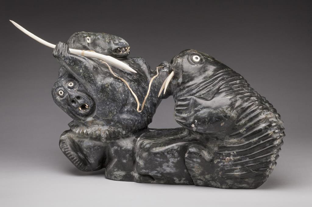 Judas Ullulaq (1937-1998) - Hunter with Helping Spirit and Walrus, late 1980s