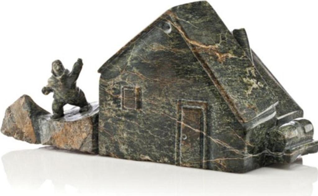 Napachie Sharky (1971-2018) - Boy Standing Beside a House, 2002, Marbled dark green stone