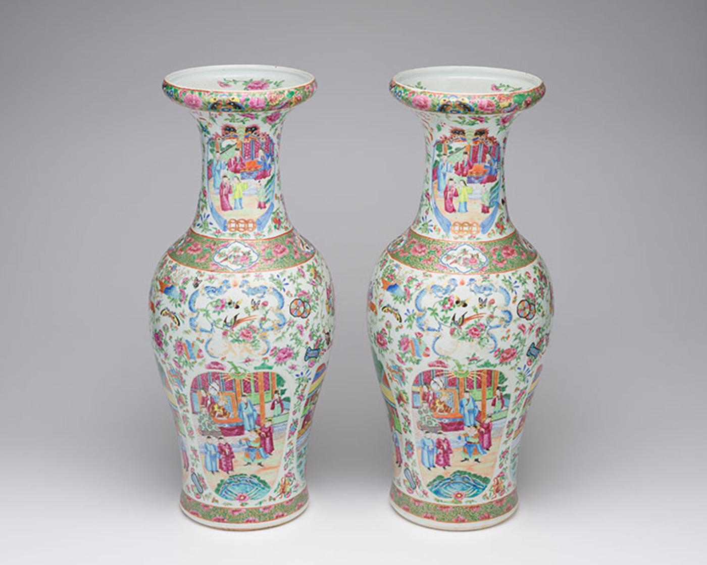 Chinese Art - A Pair of Large and Well-Painted Chinese Export Canton Rose 'Figural' Vases, 19th Century