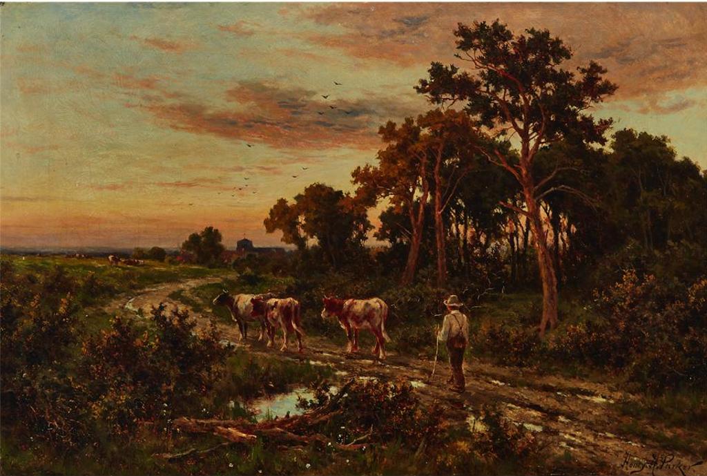 Henry Hillingford Parker (1858-1930) - Herding Cows Homeward At Sunset