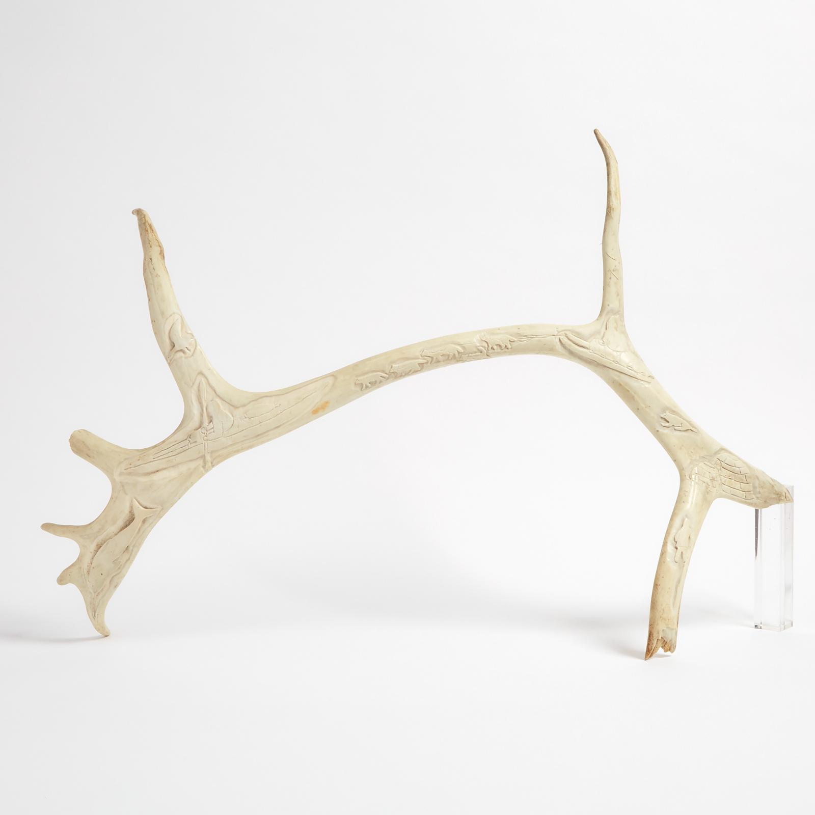 John Ningark (1944) - Carved Antler With Hunting Scenes