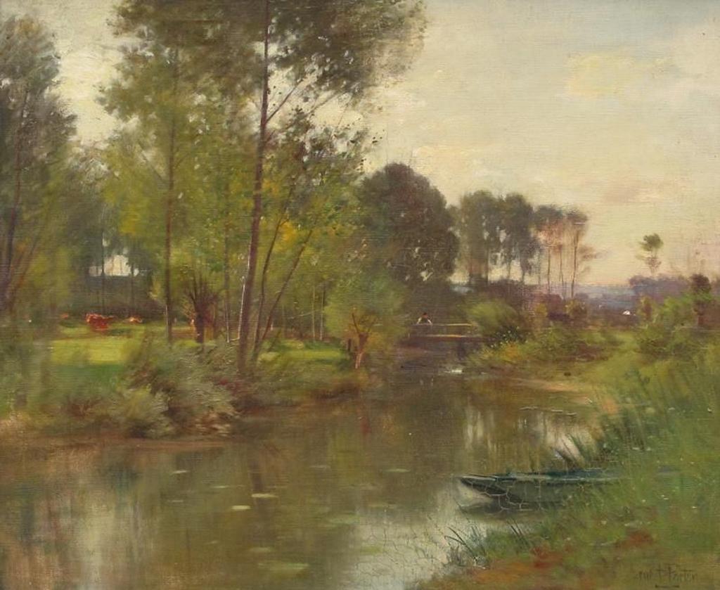 Ernest Parton (1845-1933) - Landscape With Cattle And Man Fishing Off A Bridge