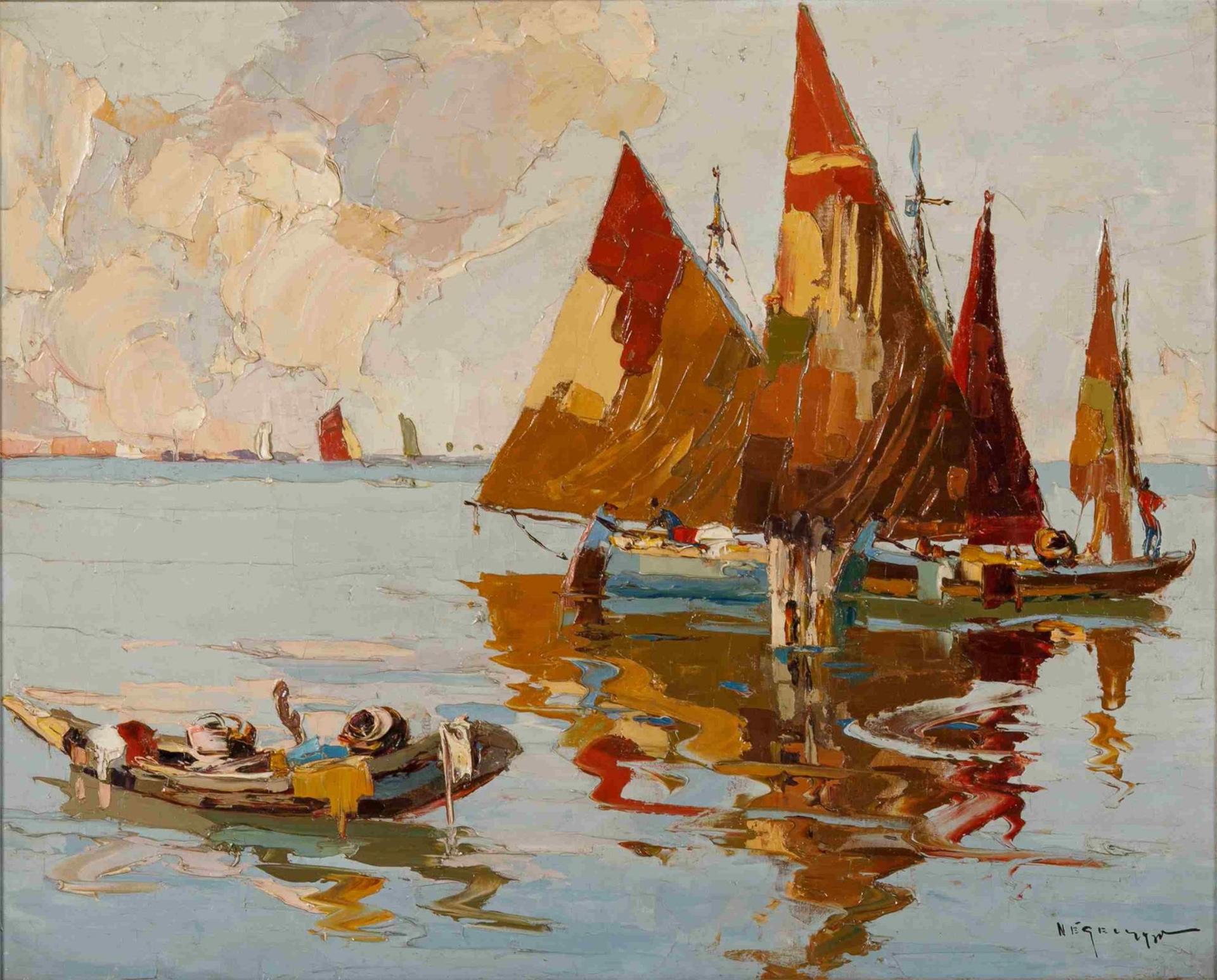 Rudolph Negely (1883-1950) - Seascape with Merchant Sailboats