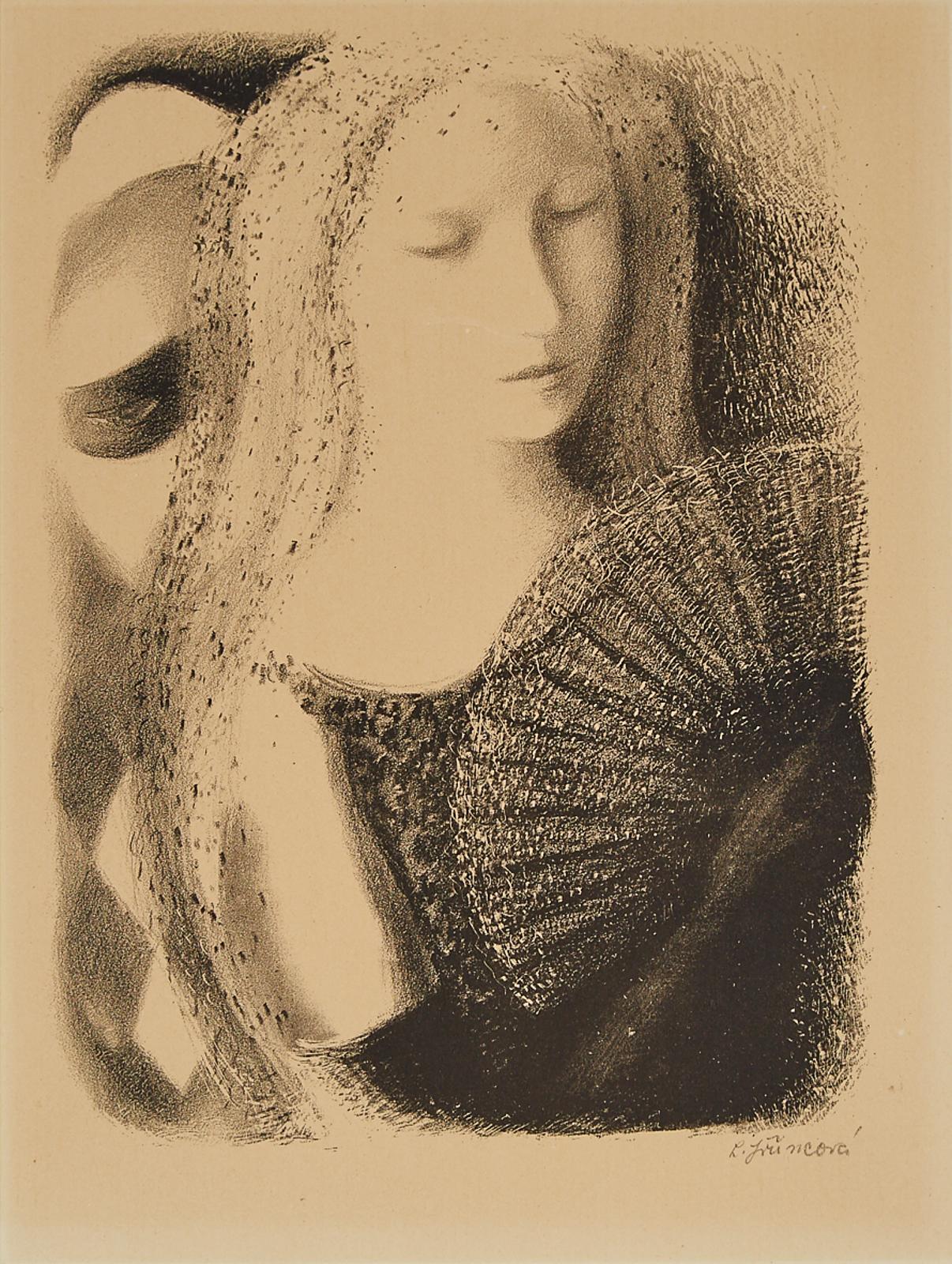 Ludmila Jirincova (1912-1994) - Girl Holding A Fan, A Harlequinn Behind Her