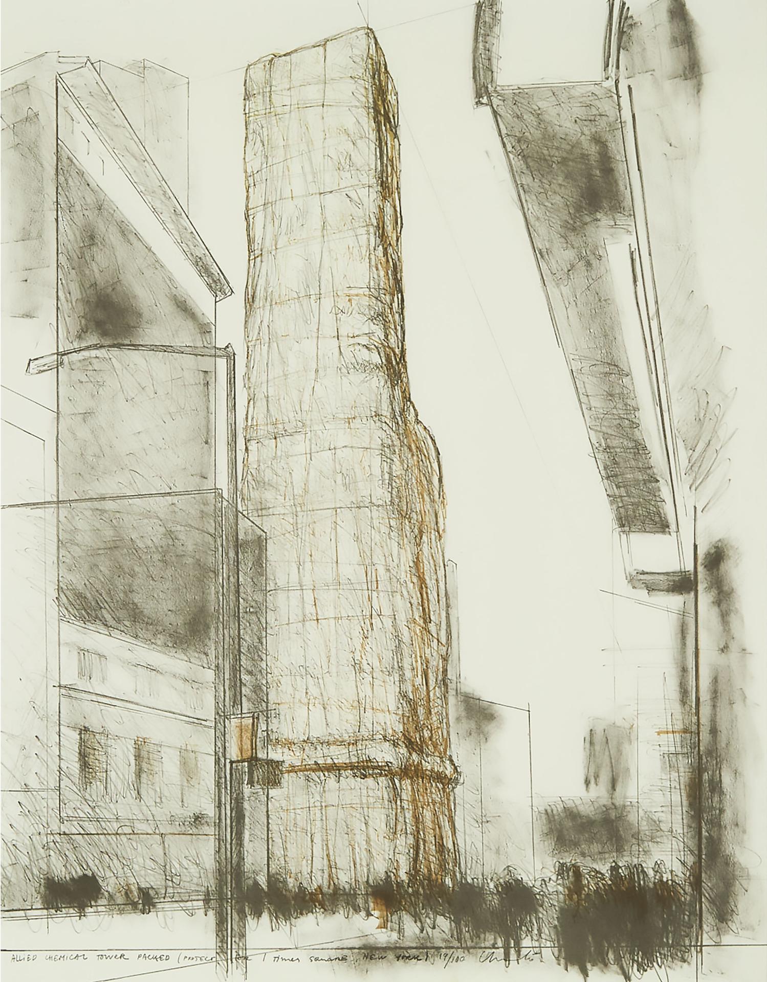 Christo (1935-2020) - Allied Chemical Tower, Packed, Project For 1 Times Square, New York, Pl.4 From