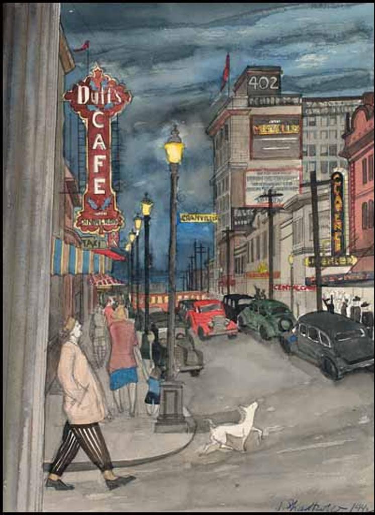 Jack Leaonard Shadbolt (1909-1998) - Pender St. at Granville ~ Sketch for United Services Centre Mural