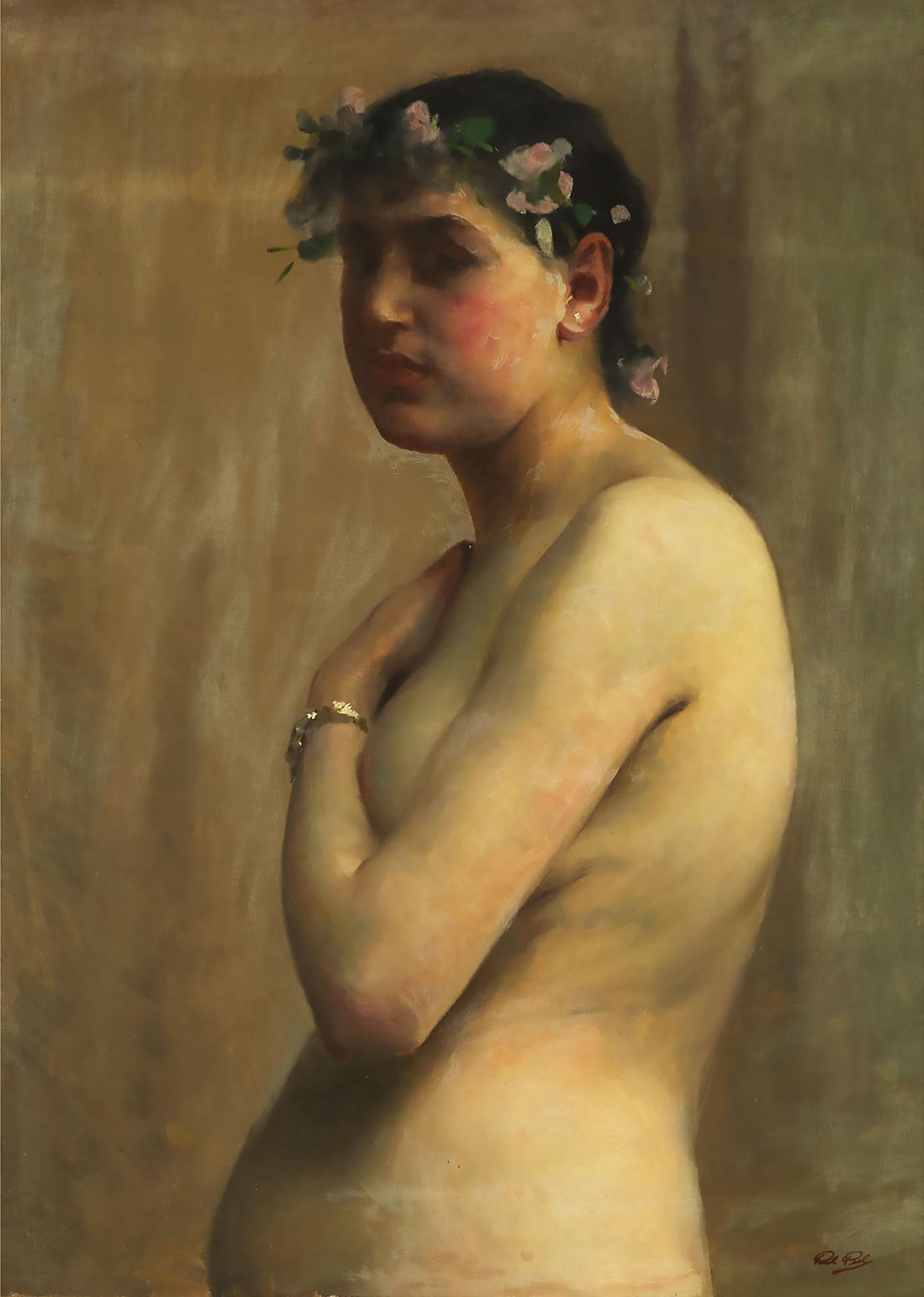 Paul Peel (1860-1892) - Female Nude With Floral Head Wreath, Ca.1887