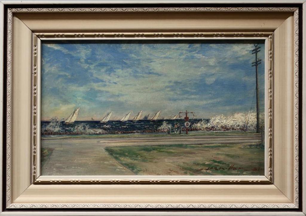 J.H.R. Millar (1893) - Untitled (Couple On Bench Watching Regatta Race, On The Toronto Waterfront)