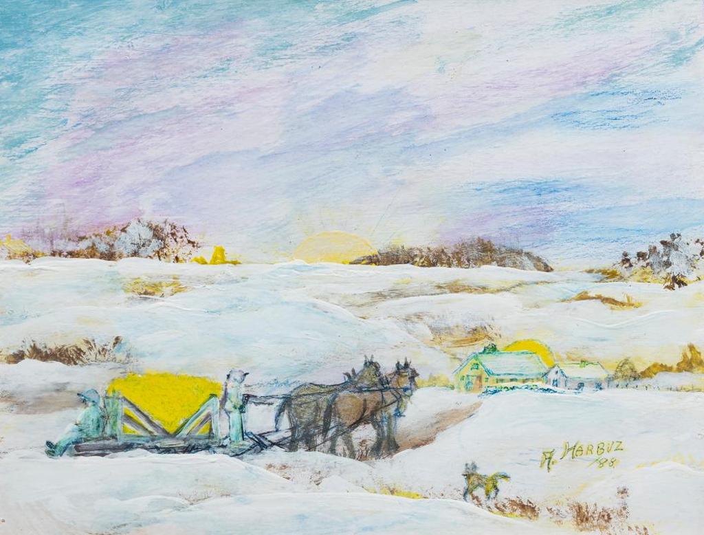 Ann Alexandra Harbuz (1908-1989) - Horses Pulling a Hay Load