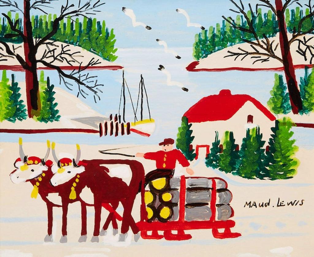 Maud Kathleen Lewis (1903-1970) - Oxen Hauling Logs in Winter