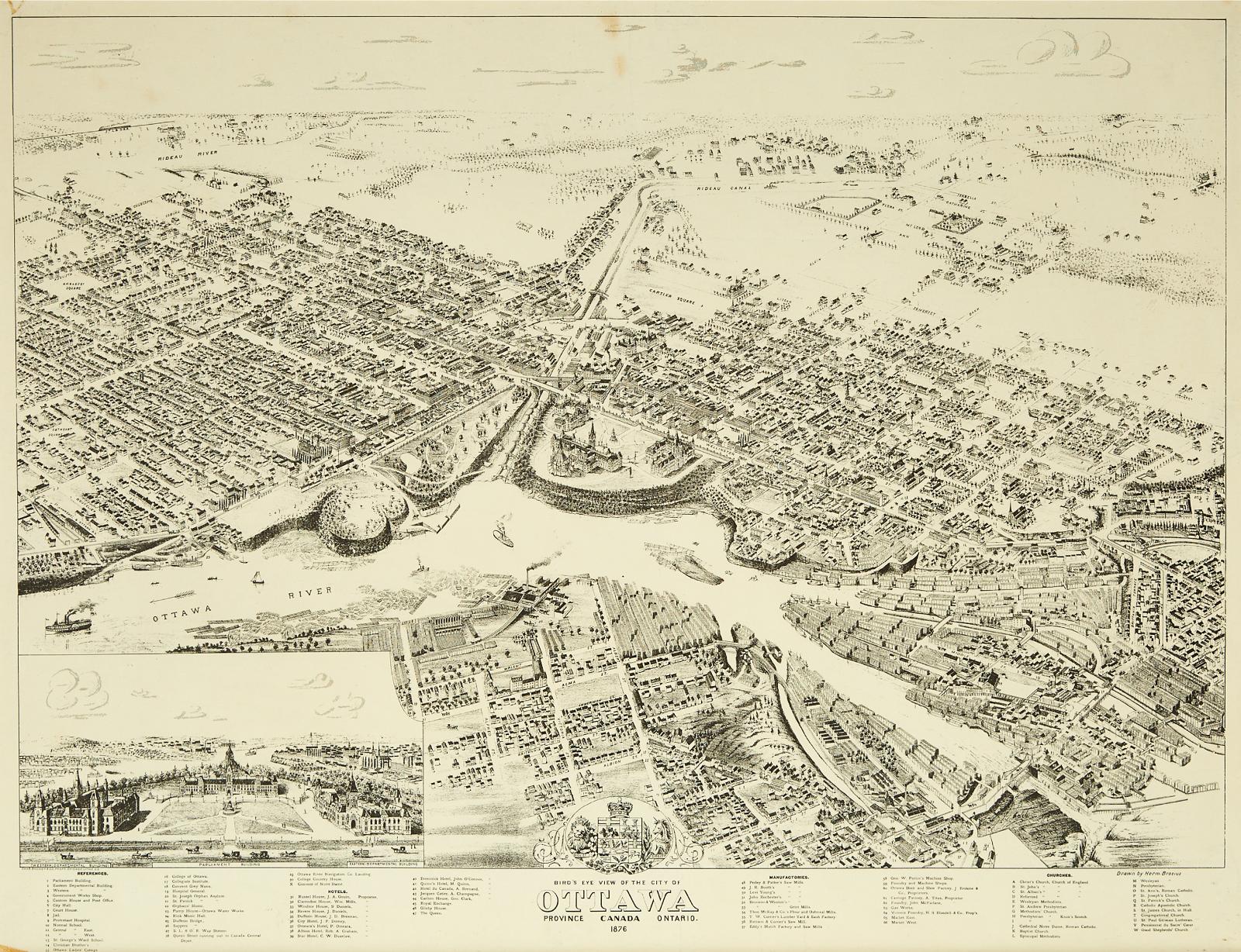 Herman Brosius (1871-1884) - Birds Eye View Of The City Of Ottawa, Province Canada, Ontario, 1876