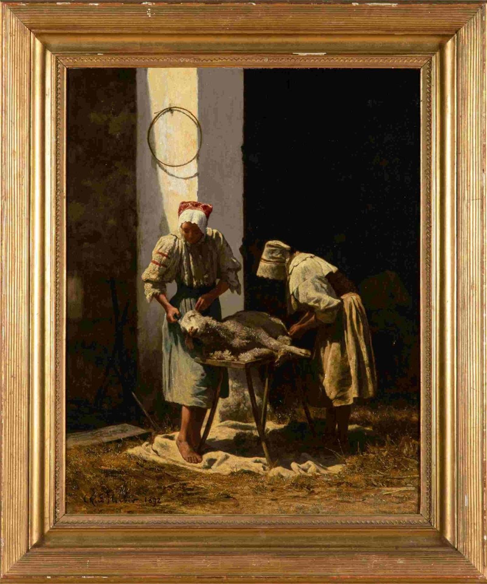 Carl Rudolf Huber (1839-1896) - Die Scafschur (Two Sheep Shearers)