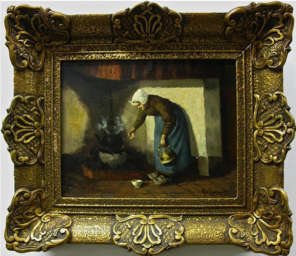 Hendricus Van Langen (1874-1964) - Woman Cooking In Old Dutch Interior