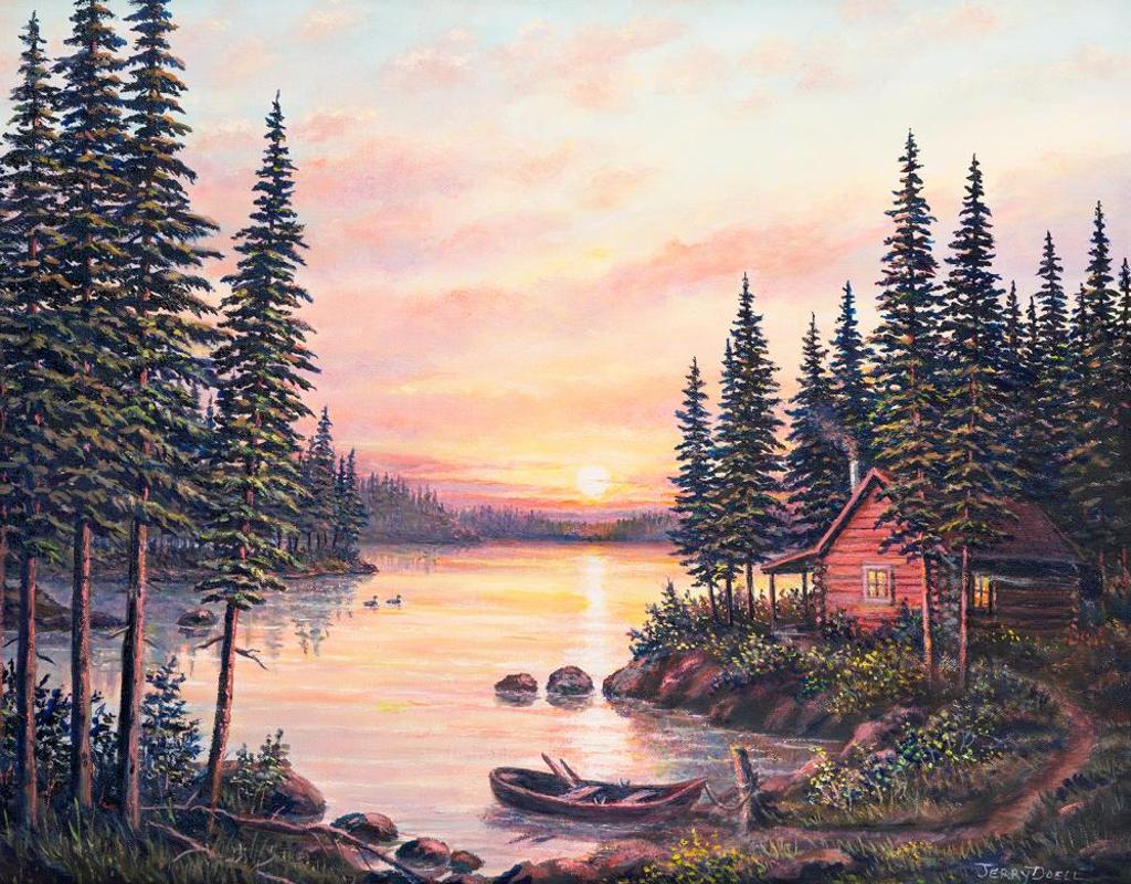 Jerry Doell (1938-2005) - Untitled - Log Cabin on the Lake